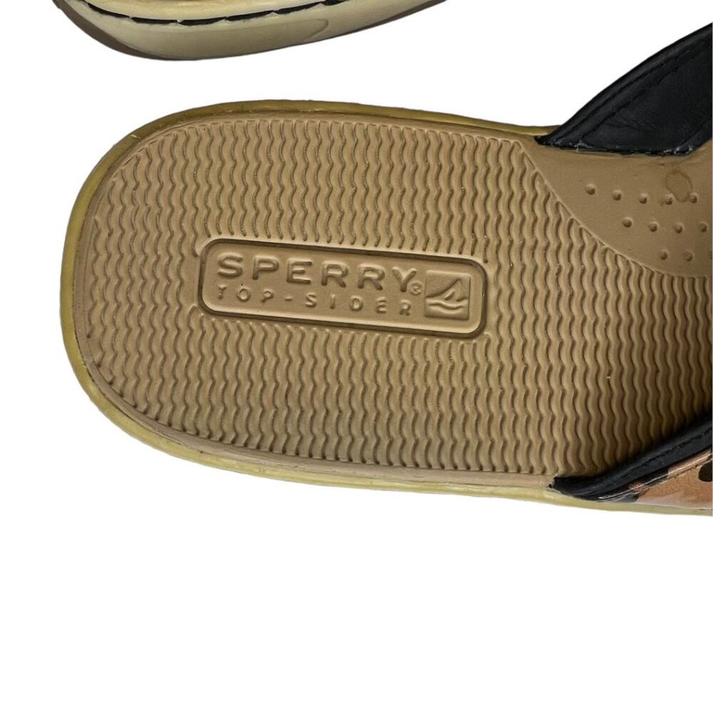 Sperry Top Sider Leather Flip Flop Sandals Tan Black Leopard Print Size 8m Comfy - Picture 13 of 15